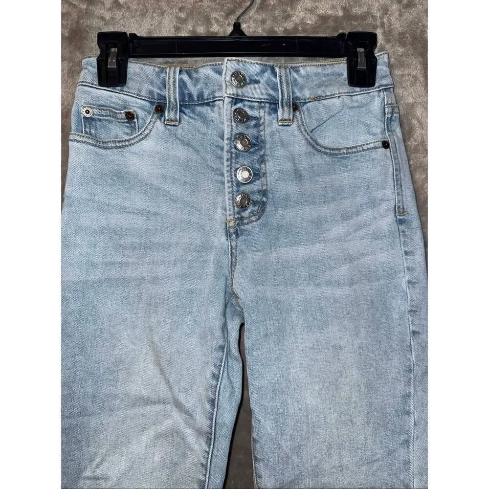 OAT High Rise Straight Crop Button Fly Raw Hem light wash Jeans Sz 25 #749